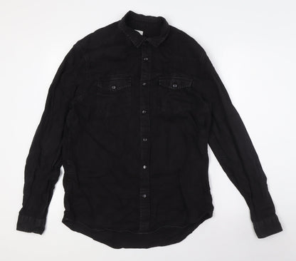 River Island Mens Black Cotton Button-Up Size M Collared Snap