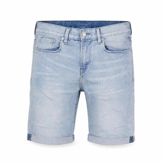 Front view of Denim men’s blue cotton bermuda shorts, size 28, in, 9-inch leg regular zip - turn ups