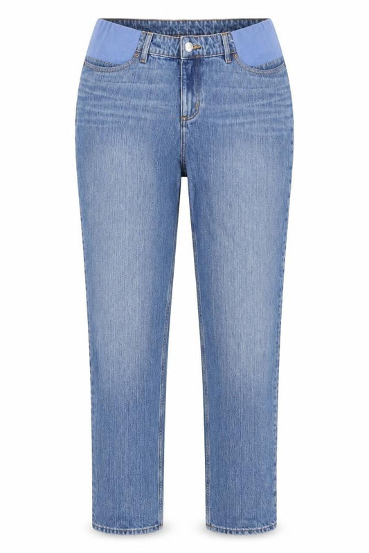 Front view of ASOS women’s blue cotton mom jeans, size UK 10, 32-inch leg regular snap