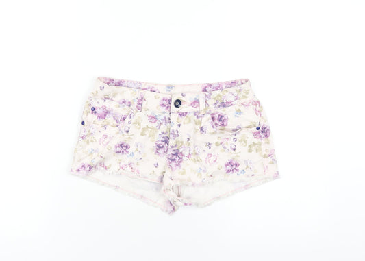Denim & Co. Womens Pink Floral Cotton Cut-Off Shorts Size 10 Regular Zip