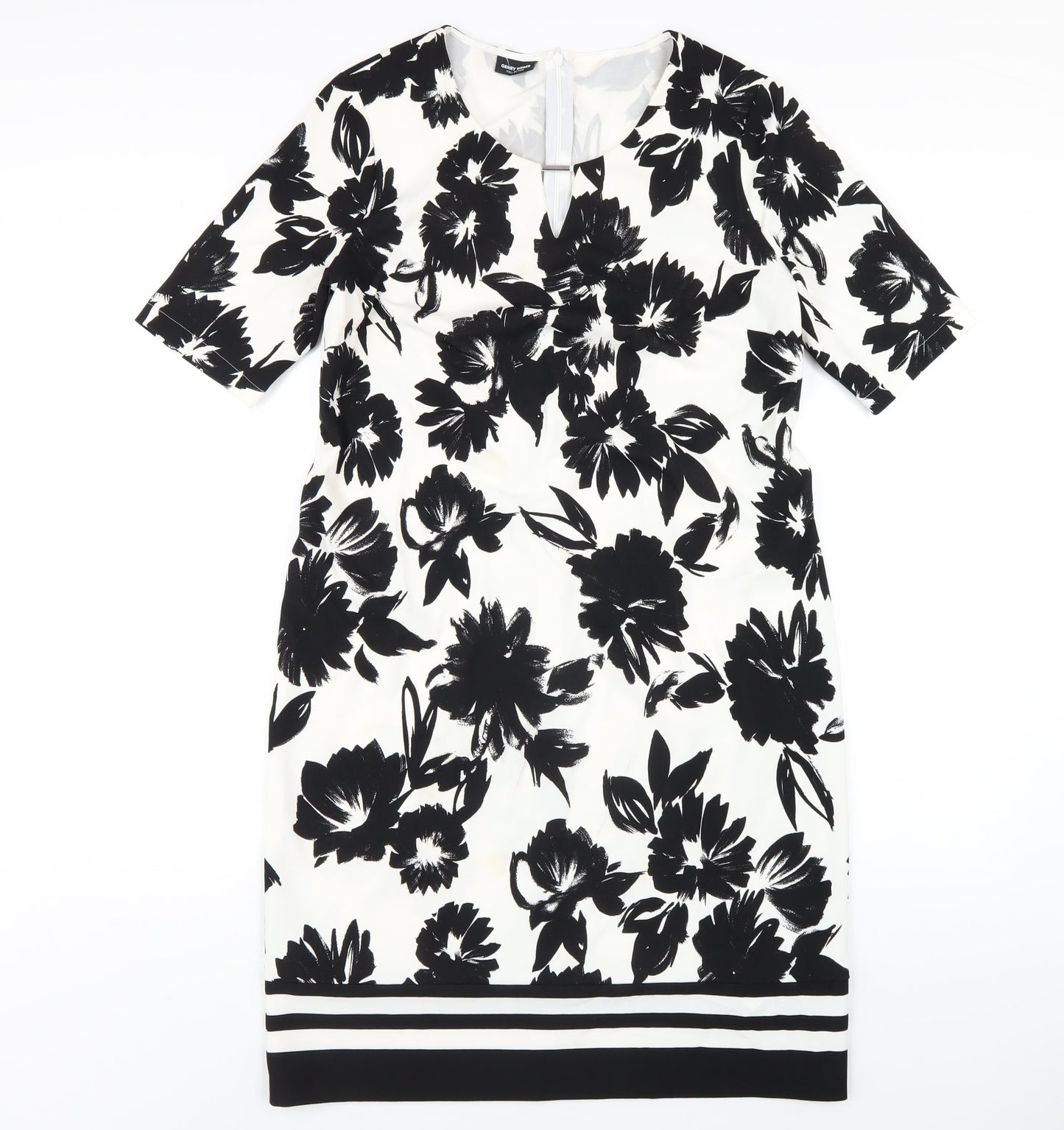 Gerry Weber Womens Black Floral Polyester A-Line Size 12 Round Neck Zip