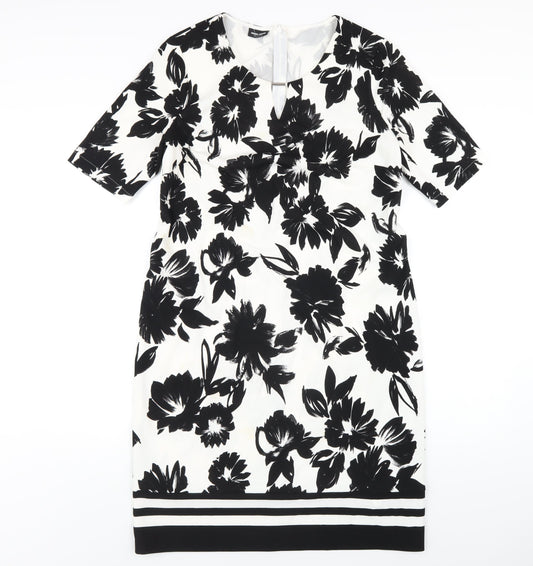 Gerry Weber Womens Black Floral Polyester A-Line Size 12 Round Neck Zip