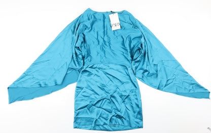 Zara Womens Blue Polyester Mini Size XS Off the Shoulder Zip