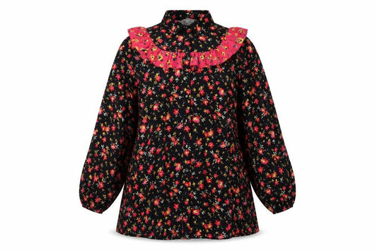 Front view of ASOS women’s black floral polyester shirt dress, size UK 10, collared button
