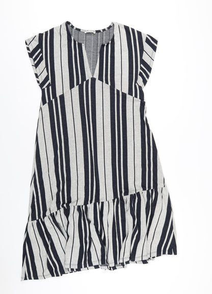 Zara Womens Grey Striped Polyester A-Line Size M V-Neck Pullover