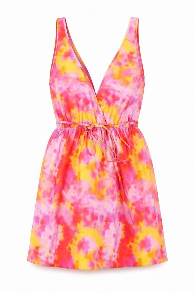 Front view of ASOS women’s multicoloured tie dye polyester tank dress, size UK 8, v-neck pullover