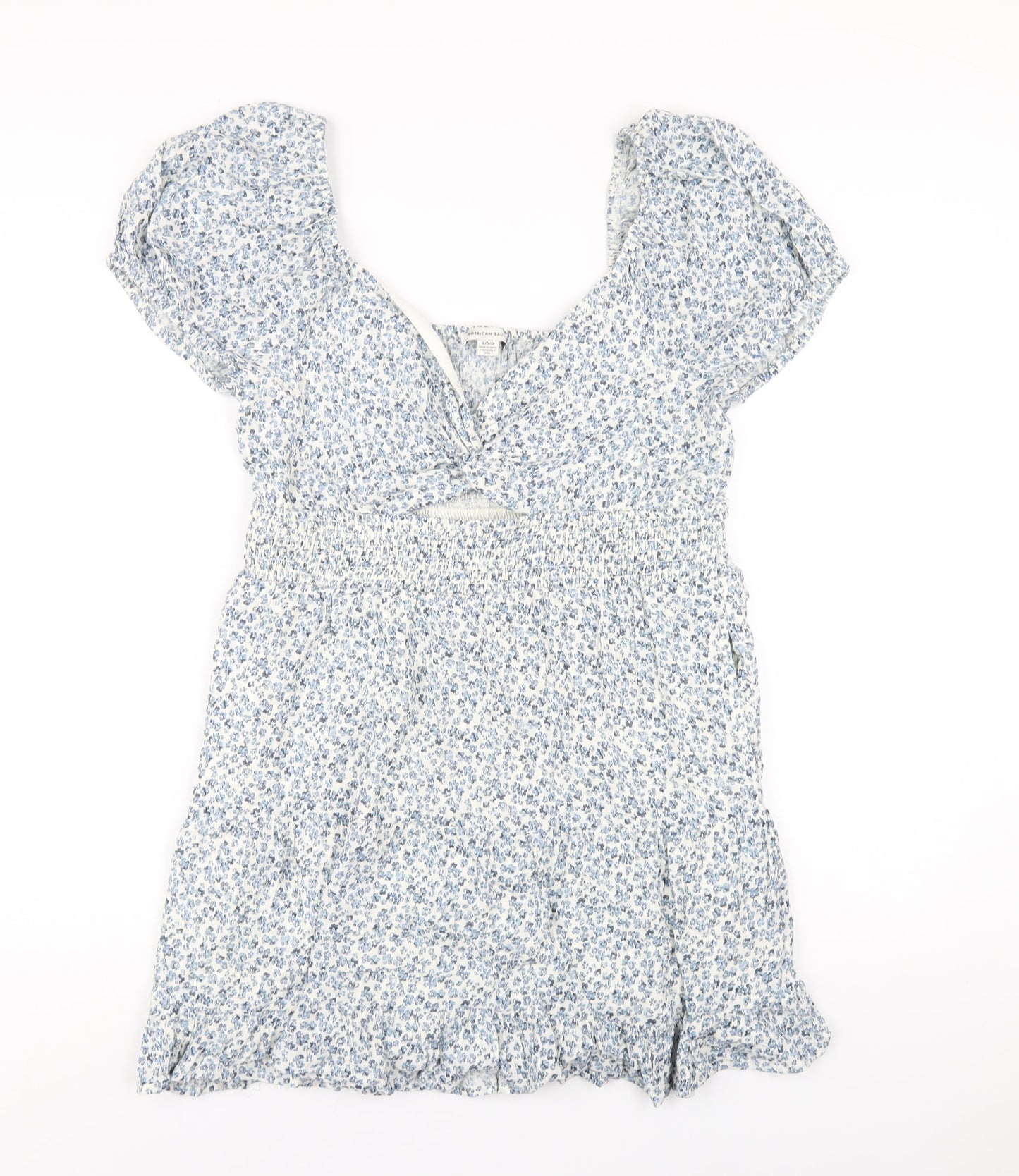 American Eagle Outfitters Womens Blue Floral Cotton A-Line Size L V-Neck Pullover