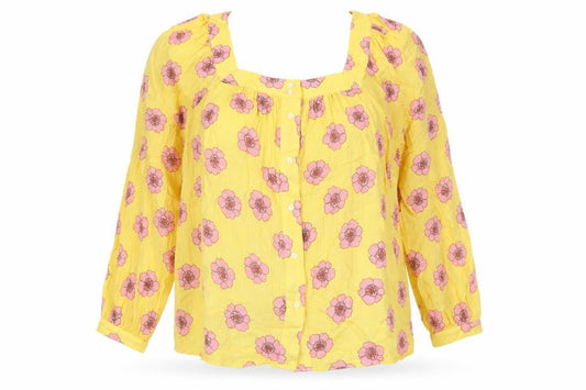 Anorak Womens Yellow Floral Cotton Basic Button-Up Size 16 Square Neck