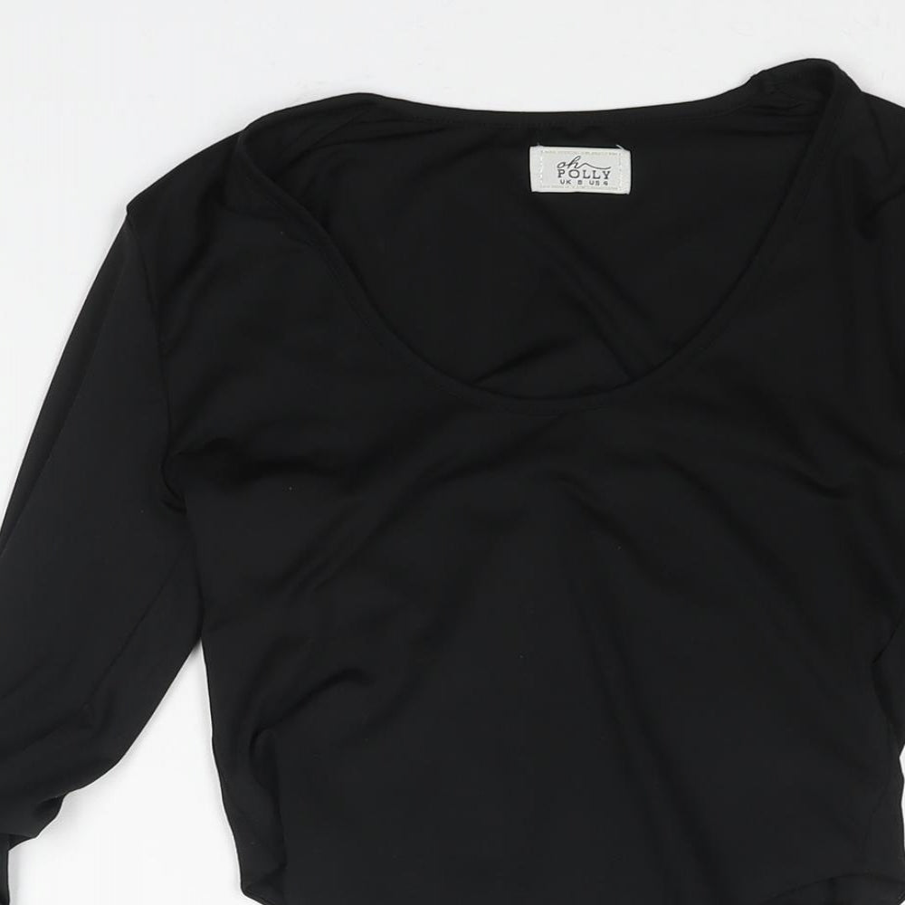 Oh Polly Womens Black Polyester Bodysuit One-Piece Size 8 Snap - Drawstring Sleeves