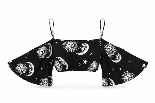 Front view of ASOS women’s black geometric viscose cropped blouse, size UK 8, square neck - sun & moon print cold shoulder