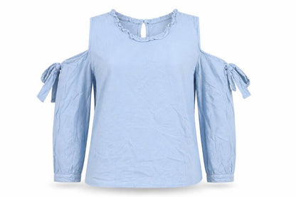 Lucky Charm Womens Blue Viscose Basic Blouse Size L Round Neck - Cold Shoulder Bow