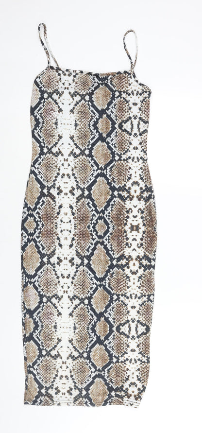 PRETTYLITTLETHING Womens Brown Animal Print Viscose Slip Dress Size 10 Square Neck Pullover - Snake Print