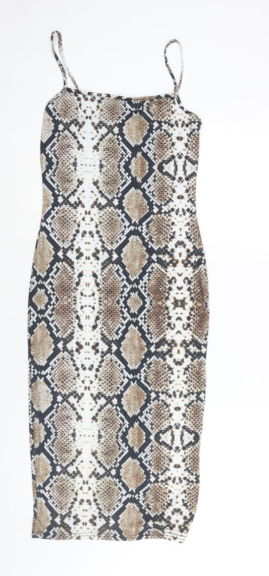 PRETTYLITTLETHING Womens Brown Animal Print Viscose Slip Dress Size 10 Square Neck Pullover - Snake Print
