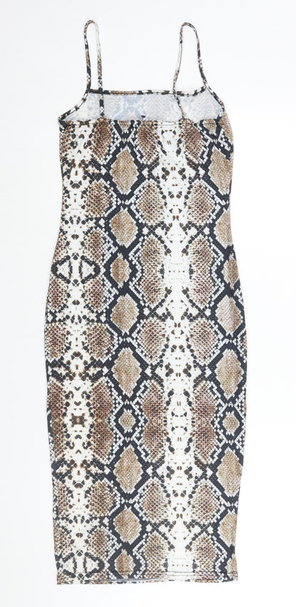 PRETTYLITTLETHING Womens Brown Animal Print Viscose Slip Dress Size 10 Square Neck Pullover - Snake Print