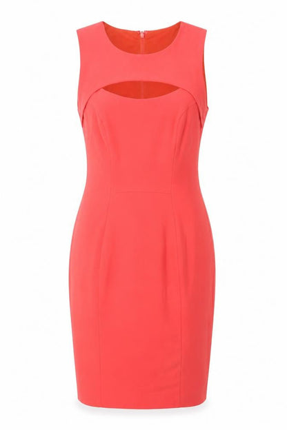 Front view of French Connection women’s pink polyester pencil dress, size UK 10, round neck zip - cut out detail