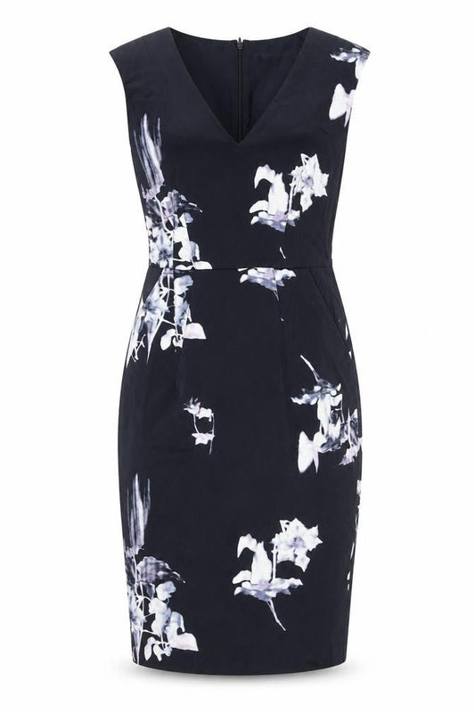 Front view of French Connection women’s blue floral cotton pencil dress, size UK 10, v-neck zip