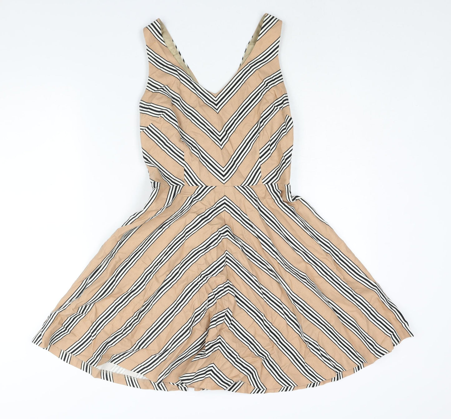 Oasis Womens Beige Striped Cotton Fit & Flare Size 8 V-Neck Zip