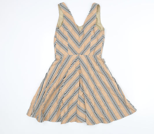 Oasis Womens Beige Striped Cotton Fit & Flare Size 8 V-Neck Zip