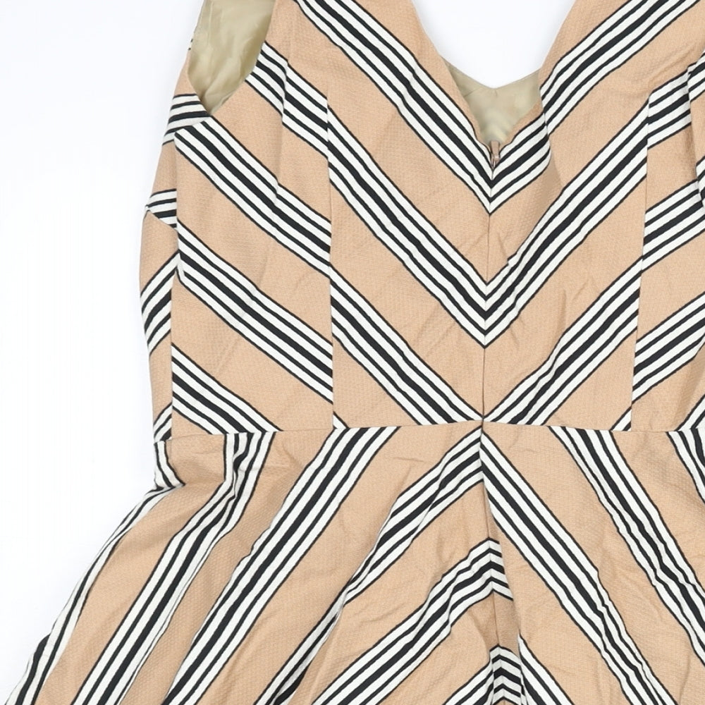 Oasis Womens Beige Striped Cotton Fit & Flare Size 8 V-Neck Zip