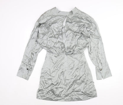 Topshop Womens Silver Geometric Silk Mini Size 8 V-Neck Zip