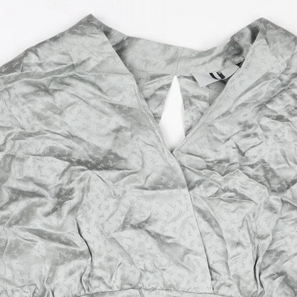 Topshop Womens Silver Geometric Silk Mini Size 8 V-Neck Zip