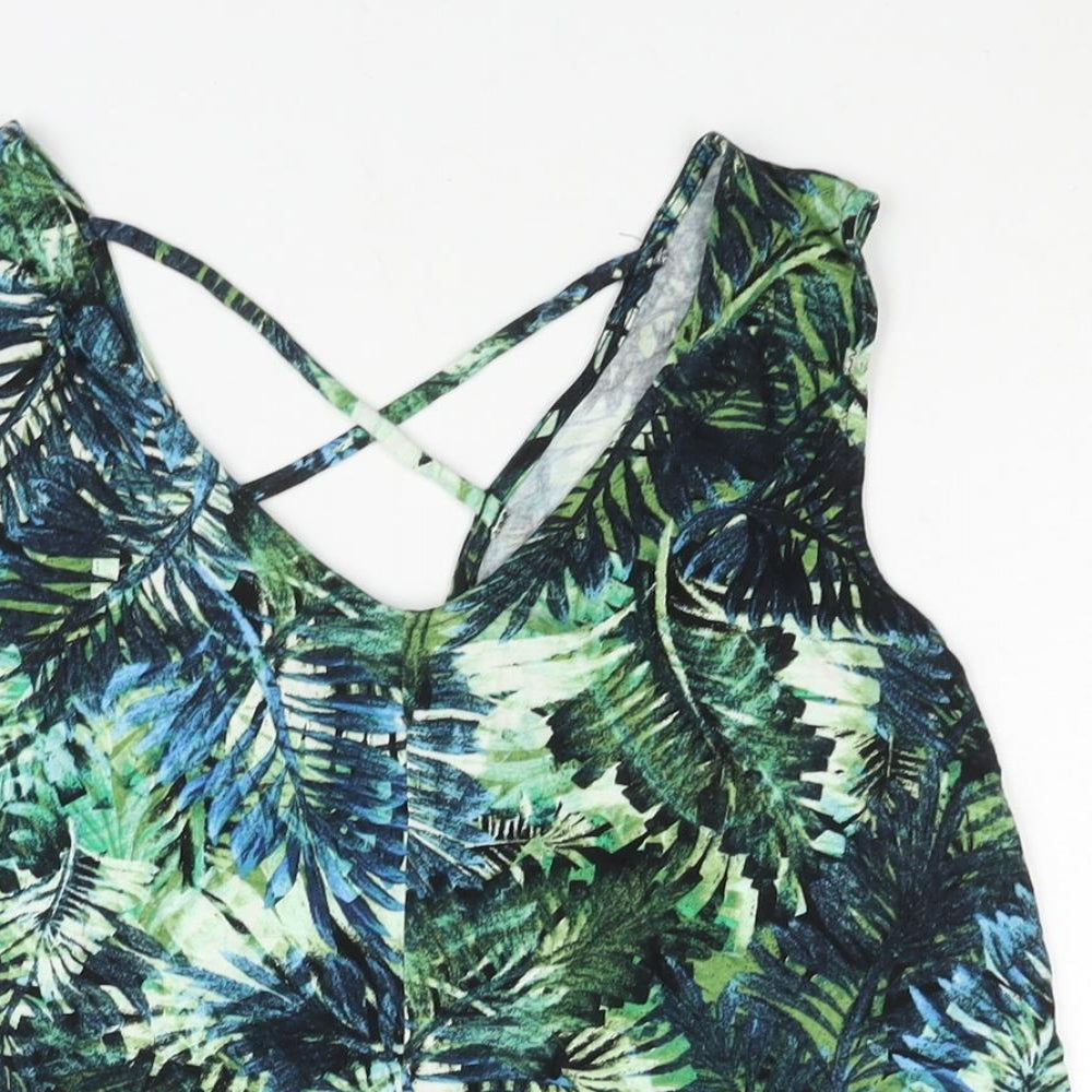 Vewry Womens Green Geometric Viscose Camisole Blouse Size 10 V-Neck - Strap Detail Leaf Print