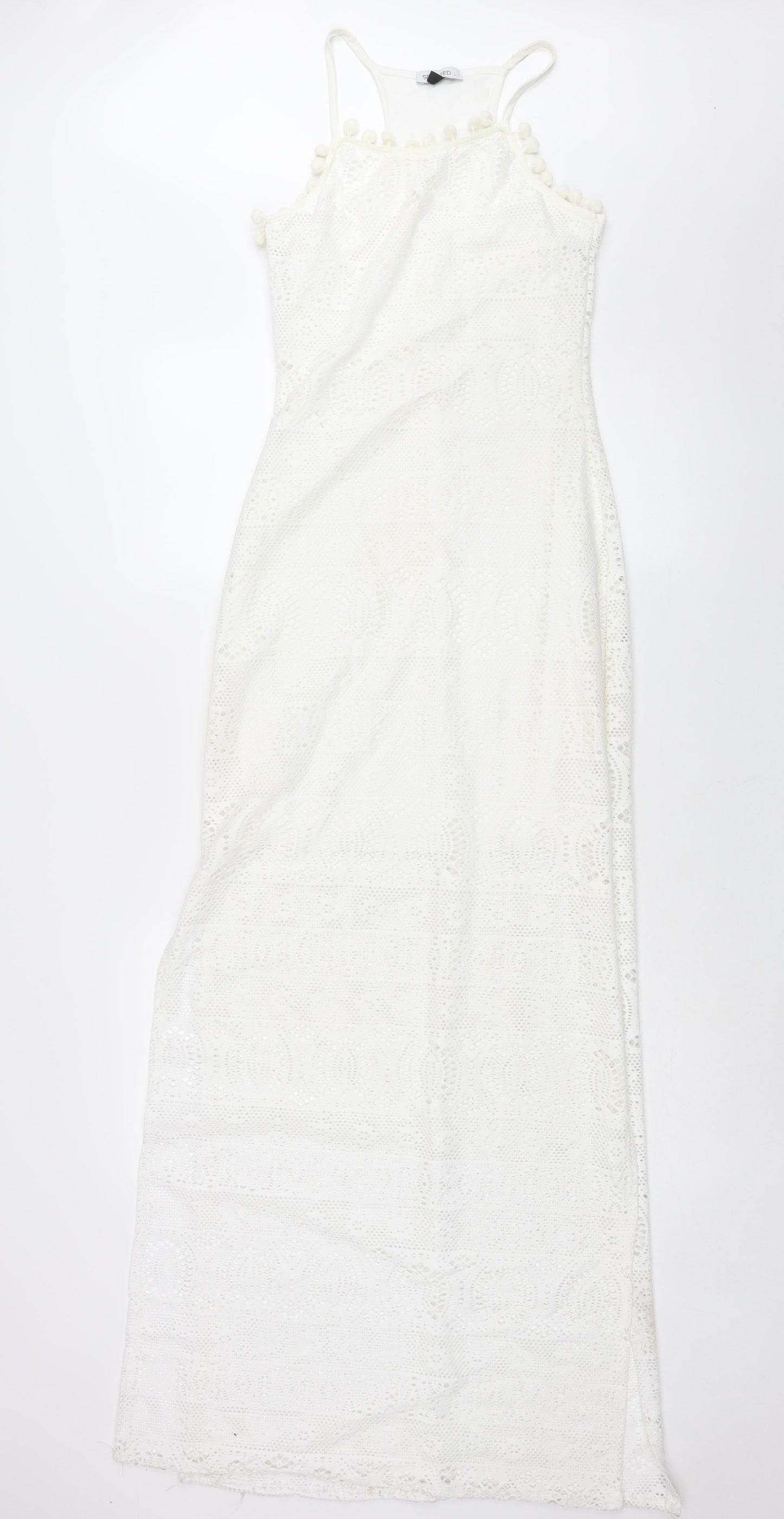 Spotted Womens White Polyester Maxi Size 8 Round Neck Pullover - Side Slits
