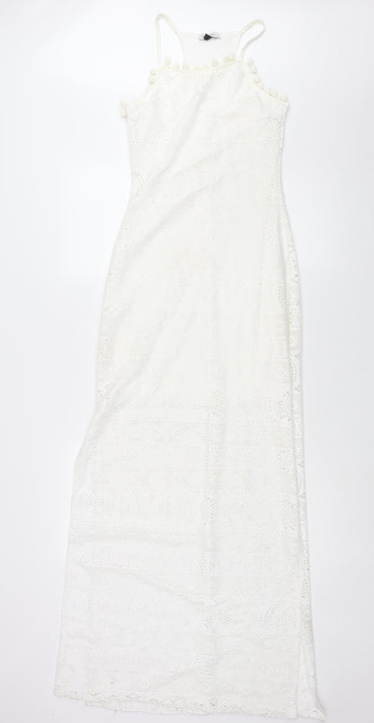 Spotted Womens White Polyester Maxi Size 8 Round Neck Pullover - Side Slits