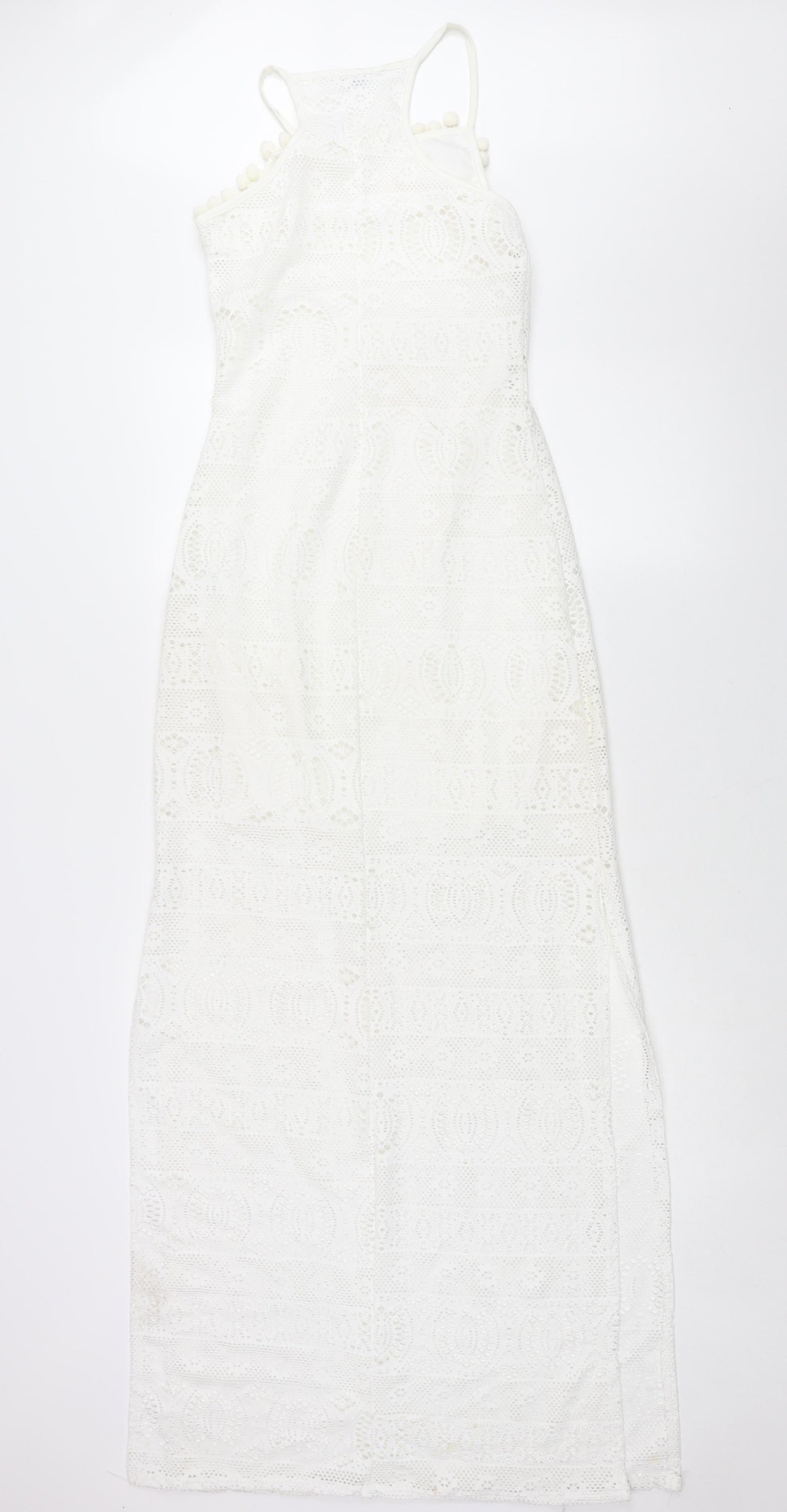 Spotted Womens White Polyester Maxi Size 8 Round Neck Pullover - Side Slits