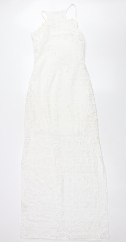 Spotted Womens White Polyester Maxi Size 8 Round Neck Pullover - Side Slits