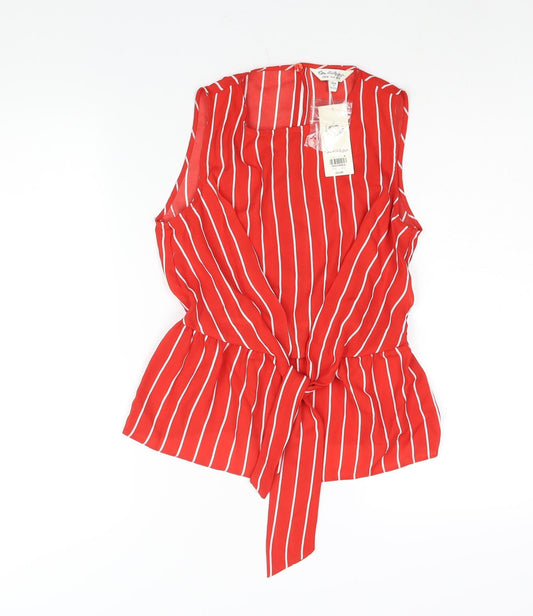 Miss Selfridge Womens Red Striped Polyester Camisole Blouse Size 8 Round Neck - Tie Detail Peplum