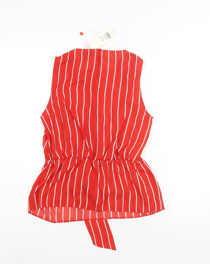 Miss Selfridge Womens Red Striped Polyester Camisole Blouse Size 8 Round Neck - Tie Detail Peplum