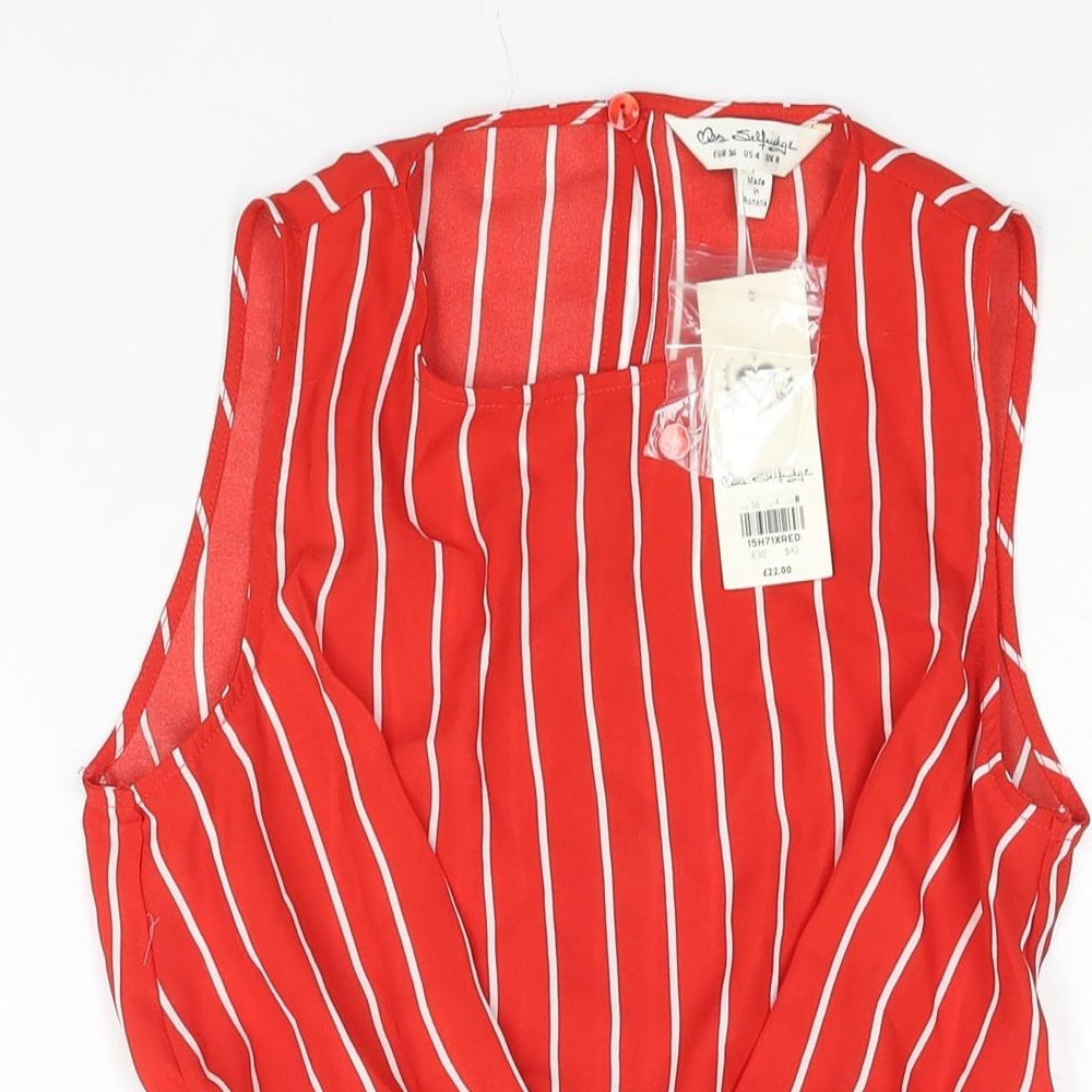 Miss Selfridge Womens Red Striped Polyester Camisole Blouse Size 8 Round Neck - Tie Detail Peplum