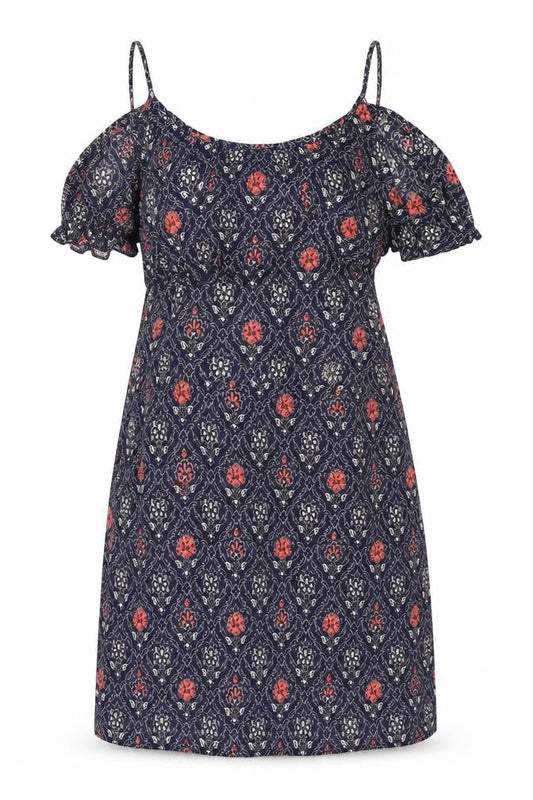 Hollister Womens Blue Geometric Viscose Shift Size L Scoop Neck Pullover - Cold Shoulder Frill Belted