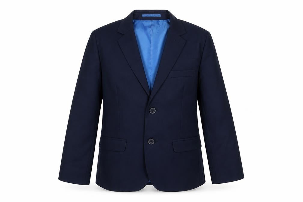Front view of Duck and Cover boys’ blue jacket blazer, size 7, years button