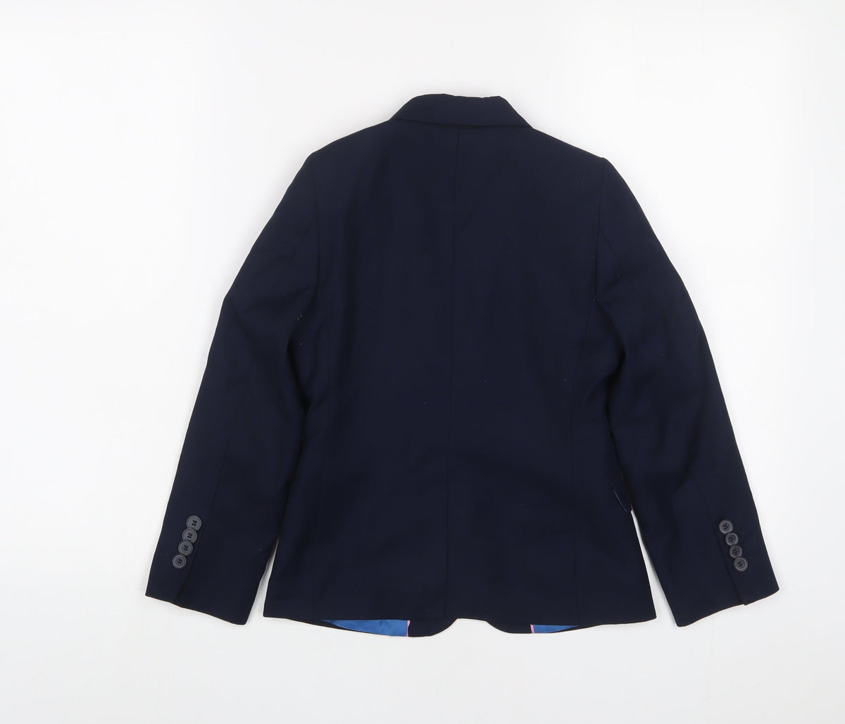 Back view of Duck and Cover boys’ blue jacket blazer, size 7, years button