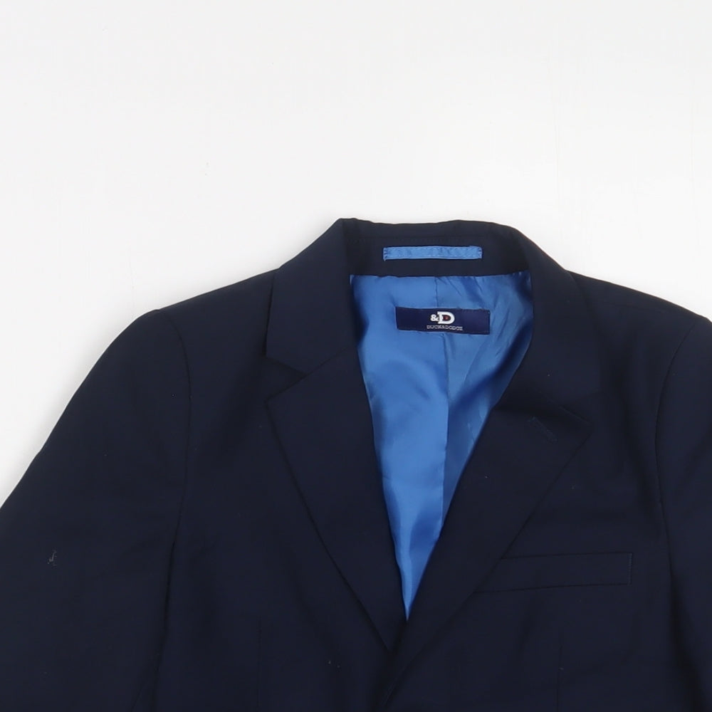 Close-up detail of Duck and Cover boys’ blue jacket blazer, size 7, years button