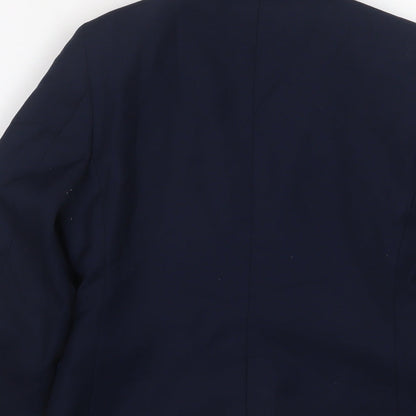 Brand and care label for Duck and Cover boys’ blue jacket blazer, size 7, years button