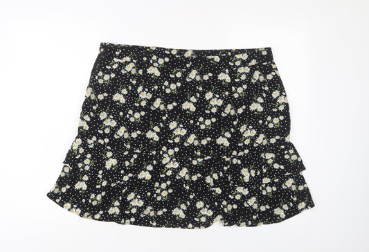 Oasis Womens Black Floral Polyester A-Line Skirt Size 18 Button