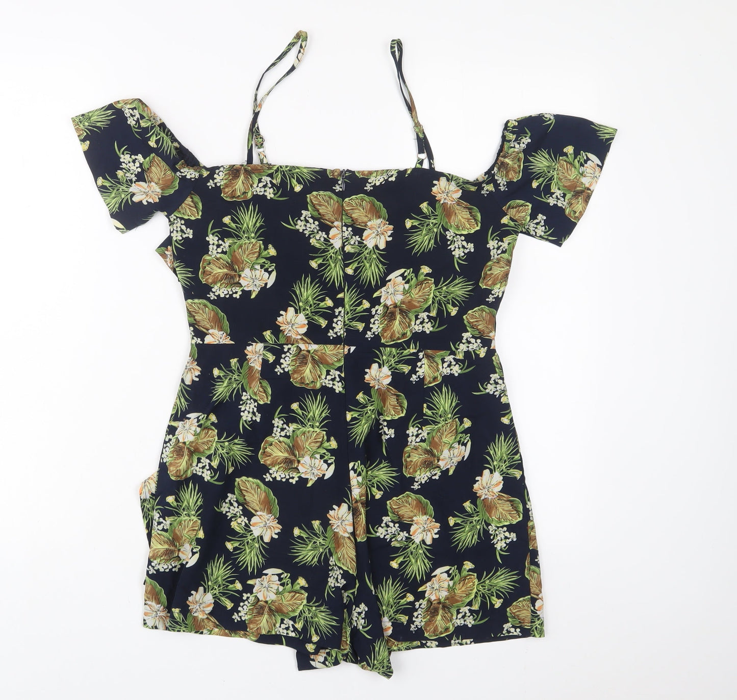 Boohoo Womens Blue Floral Polyester Playsuit One-Piece Size 8 Zip - Cold Shoulder