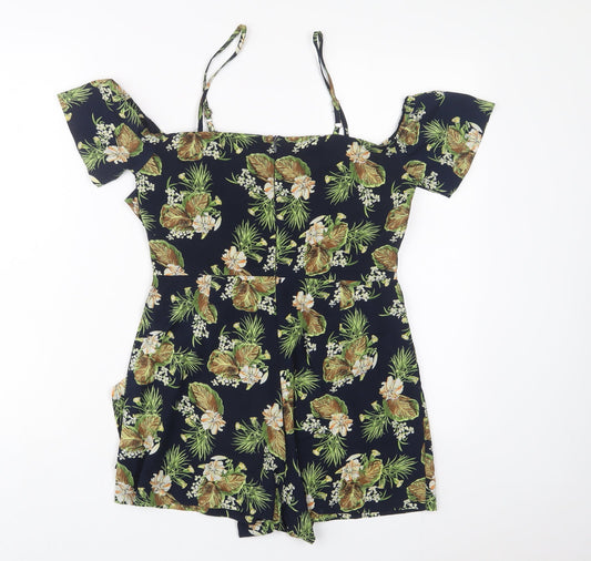 Boohoo Womens Blue Floral Polyester Playsuit One-Piece Size 8 Zip - Cold Shoulder