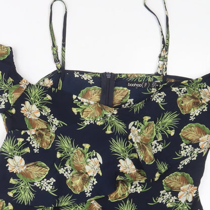 Boohoo Womens Blue Floral Polyester Playsuit One-Piece Size 8 Zip - Cold Shoulder