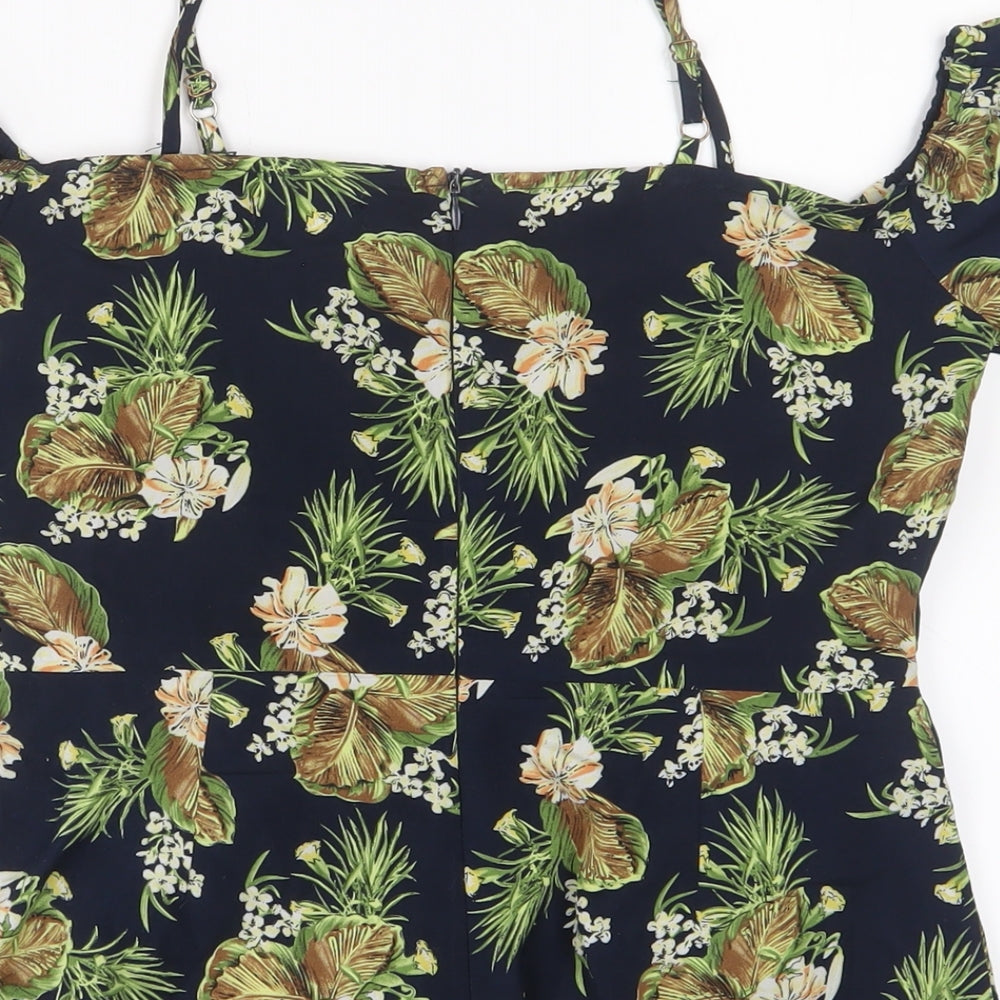 Boohoo Womens Blue Floral Polyester Playsuit One-Piece Size 8 Zip - Cold Shoulder