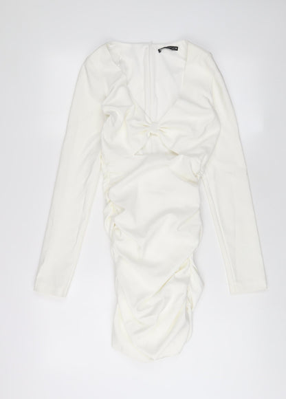 Zara Womens White Polyester Bodycon Size XS V-Neck Zip