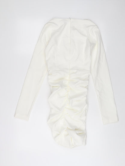 Zara Womens White Polyester Bodycon Size XS V-Neck Zip