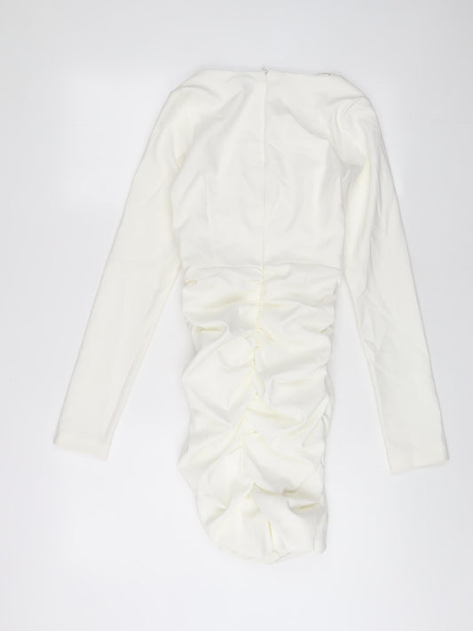 Zara Womens White Polyester Bodycon Size XS V-Neck Zip