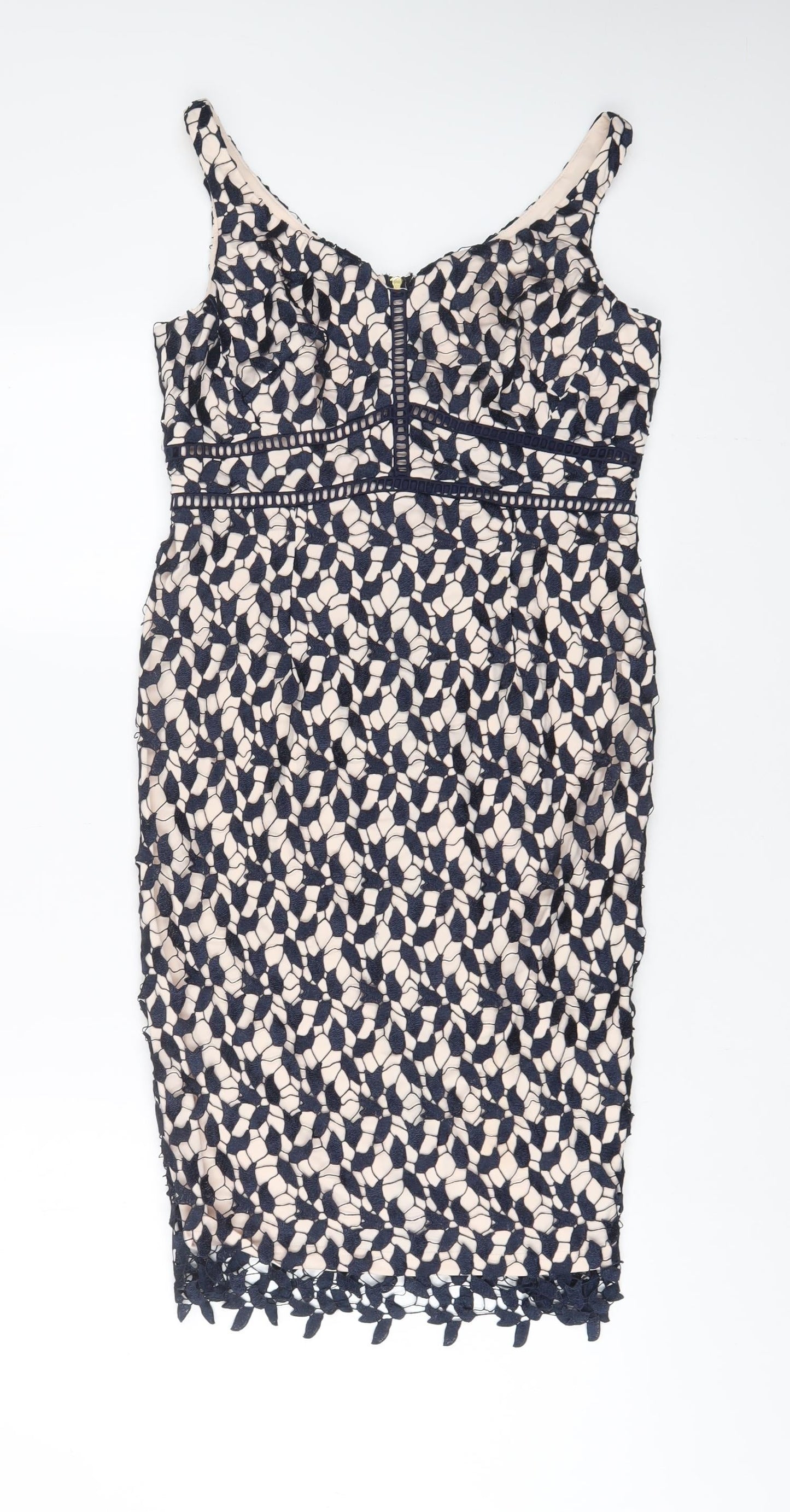 Coast Womens Beige Geometric Polyamide Sheath Size 10 V-Neck Zip - Embroidered