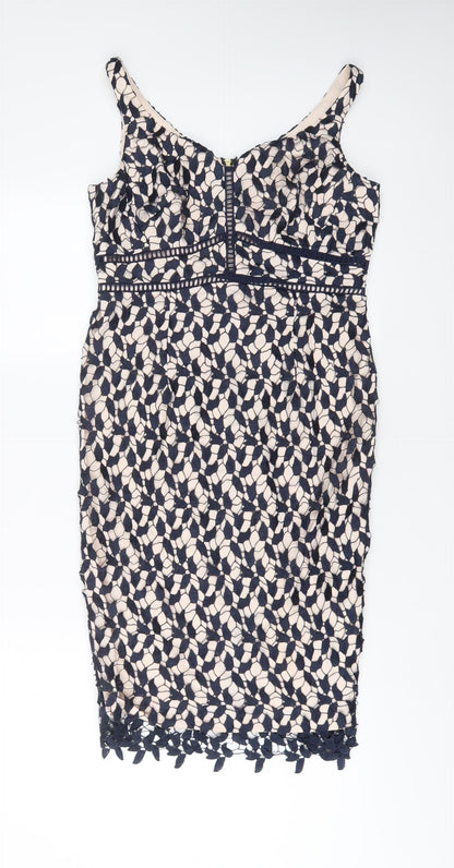 Coast Womens Beige Geometric Polyamide Sheath Size 10 V-Neck Zip - Embroidered