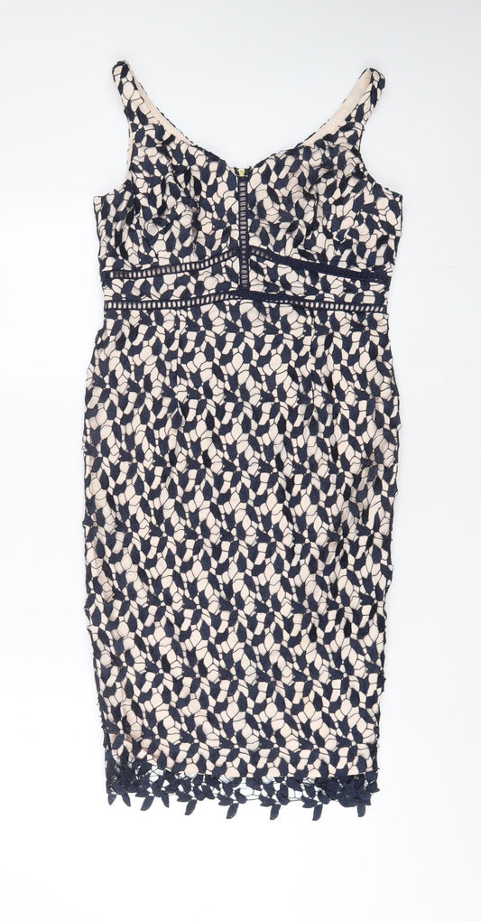 Coast Womens Beige Geometric Polyamide Sheath Size 10 V-Neck Zip - Embroidered