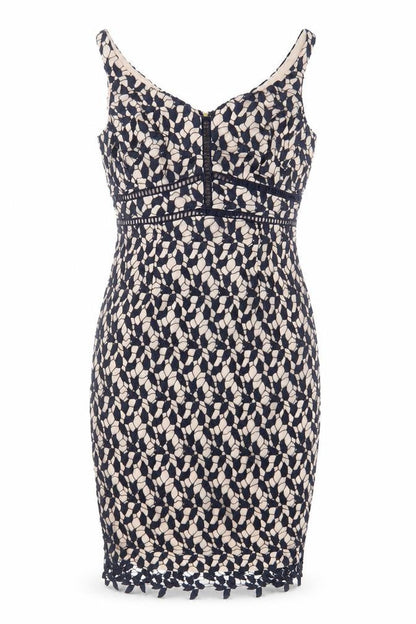 Coast Womens Beige Geometric Polyamide Sheath Size 10 V-Neck Zip - Embroidered